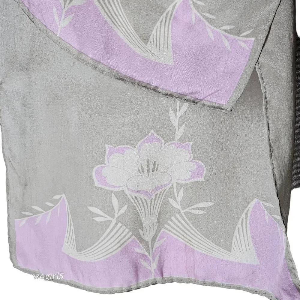 Vintage Silk Art Nouveau Style Floral Scarf Grey Pink